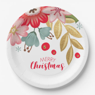 Floral Merry Christmas Party Paper Plate