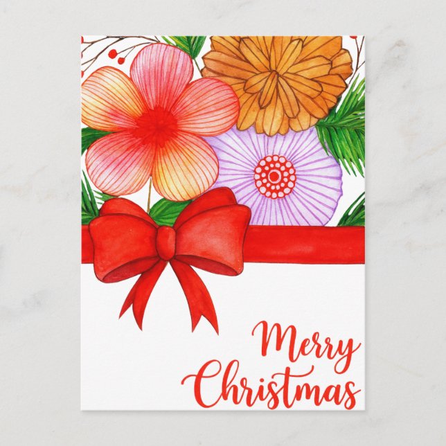 Floral Merry Christmas – Red Bow and Festive  Postcard (Front)