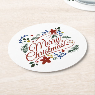 Floral Merry Christmas   Round Paper Coaster