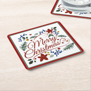 Floral Merry Christmas   Square Paper Coaster