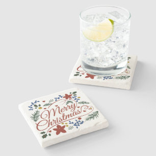Floral Merry Christmas Stone Coaster