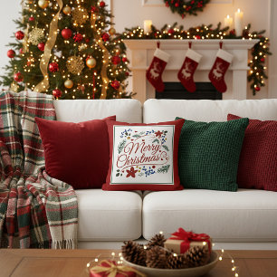 Floral Merry Christmas Throw Pillow