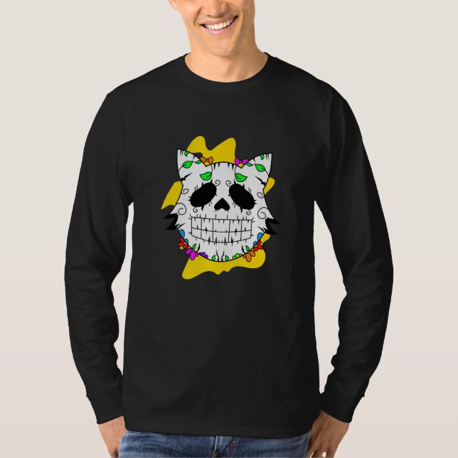 Floral Mexican Cat Day of the Dead Dia De Muertos  T-Shirt (Front)