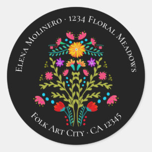 Floral Mexican Fiesta Flowers Black Address Classic Round Sticker