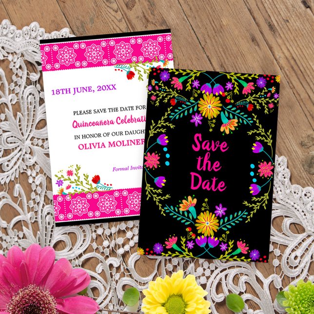 Floral Mexican Fiesta & Papel Picado - Black Save The Date (Quinceanera save the date with papel picado from my Mexican Fiesta Floral collection
)