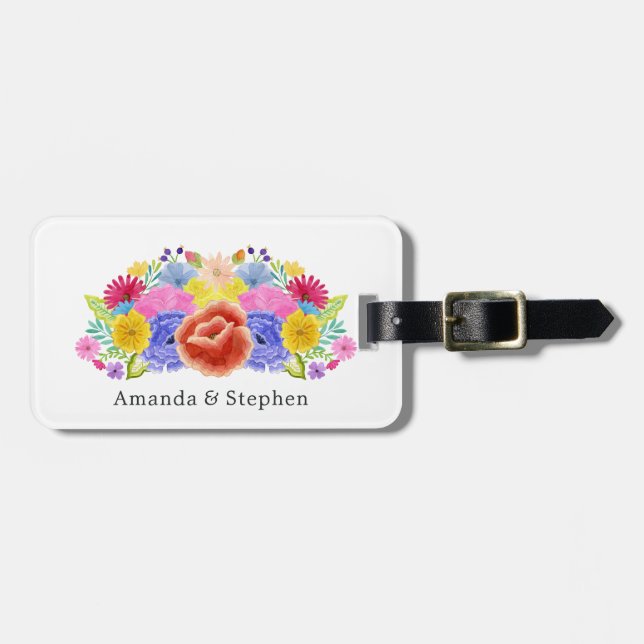 Floral Mexican Fiesta Wedding Luggage Tag (Front Horizontal)