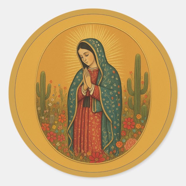 Floral Mexican Mary Guadalupe Religious Classic Round Sticker (Front)