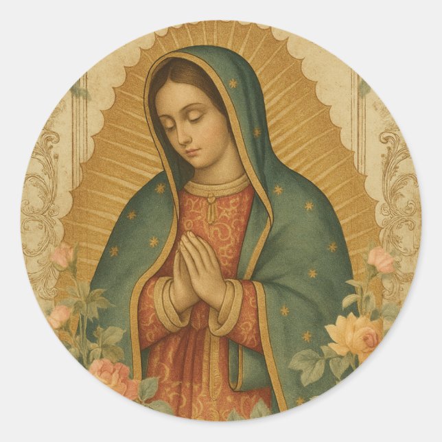 Floral Mexican Mary Guadalupe Religious Classic Round Sticker (Front)