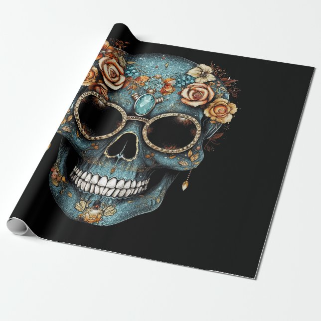 Floral Mexican Skull Day of the Dead Dia De Muerto Wrapping Paper (Unrolled)