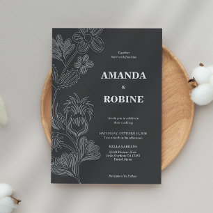 Floral Minimalist Black & White Wedding Invitation