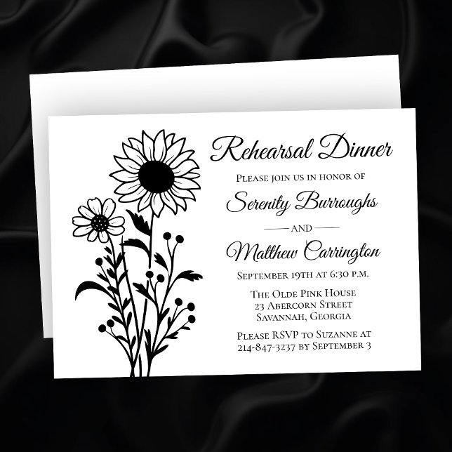Floral Minimalist Black White Wedding Rehearsal Invitation (Creator Uploaded)
