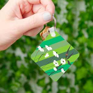 Floral Minimalist Ladybug on Green Stripes Key Ring