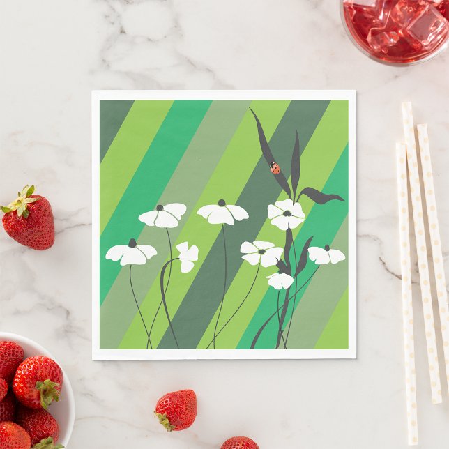Floral Minimalist Ladybug on Green Stripes Napkin (Creator Uploaded)