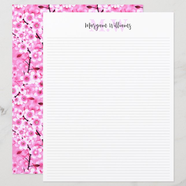 Floral Minimalist Monogram Name Stationery Paper (Front/Back)
