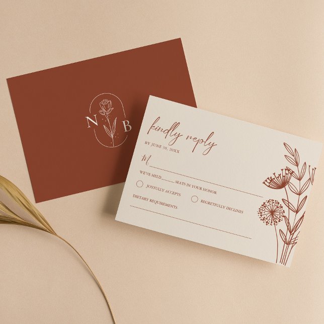Floral Minimalist Terracotta Burnt Orange Wedding RSVP Card (Creator Uploaded)