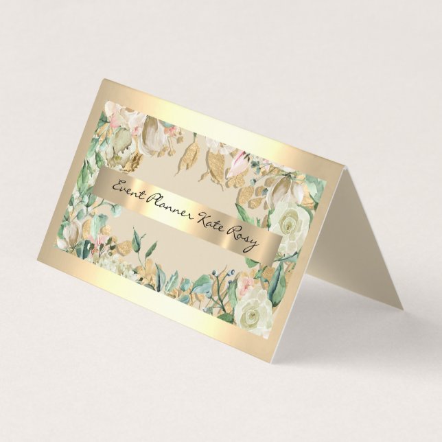 Floral Mint Green Faux Gold Event Planner Beauty Business Card (Front)