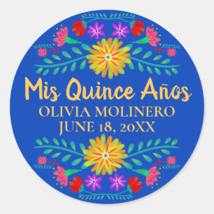 Floral Mis Quince Anos Royal Blue Mexican Fiesta Classic Round Sticker