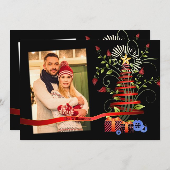 Floral Modern Art Christmas Tree Photo Holiday Card (Front/Back)