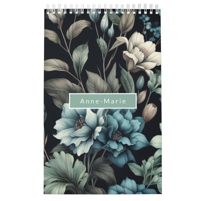 Floral modern black blue girly elegant stylish calendar (Cover)