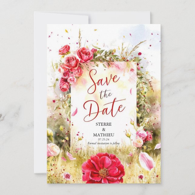 Floral Modern Crimson Red Roses Wedding Save The Date (Front)