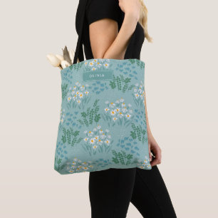 Floral modern daisy blue girly elegant stylish tote bag