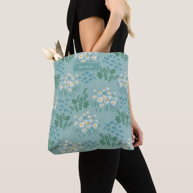 Floral modern daisy blue girly elegant stylish tote bag (Close Up)