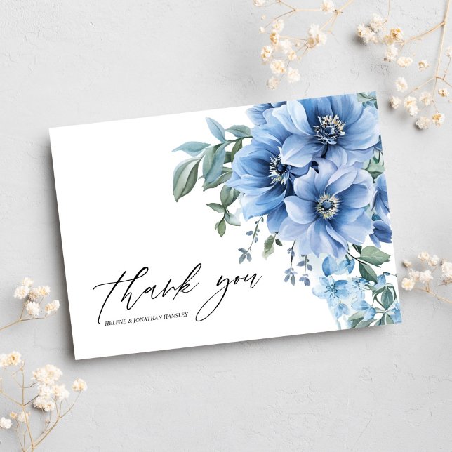 Floral Modern Elegant Dusty Blue Wedding Thank You Card (Floral Modern Elegant Dusty Blue Wedding Thank You Card)