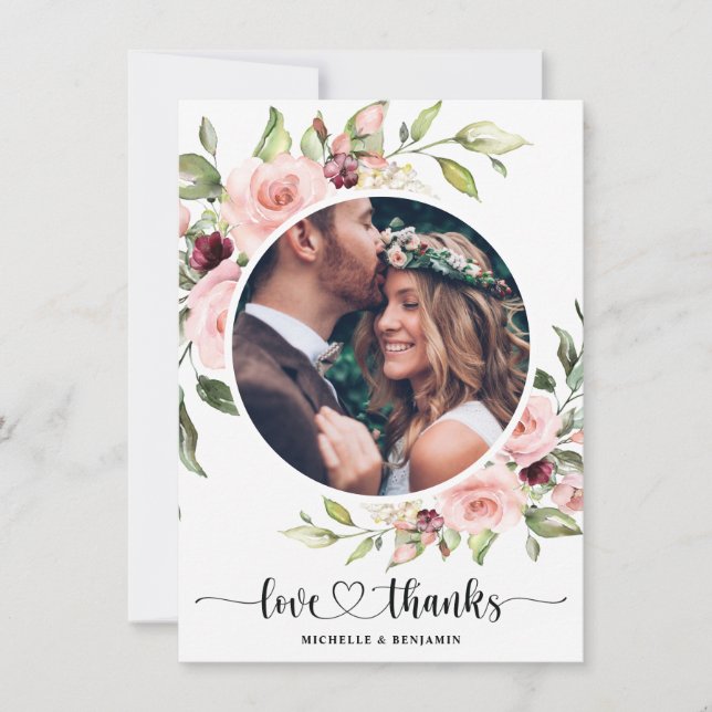 Floral Modern Elegant Wedding Thank You Photo Card (Front)
