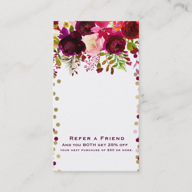 Floral Modern Gold Burgundy Bold Refer a Friend Referral Card (Front)