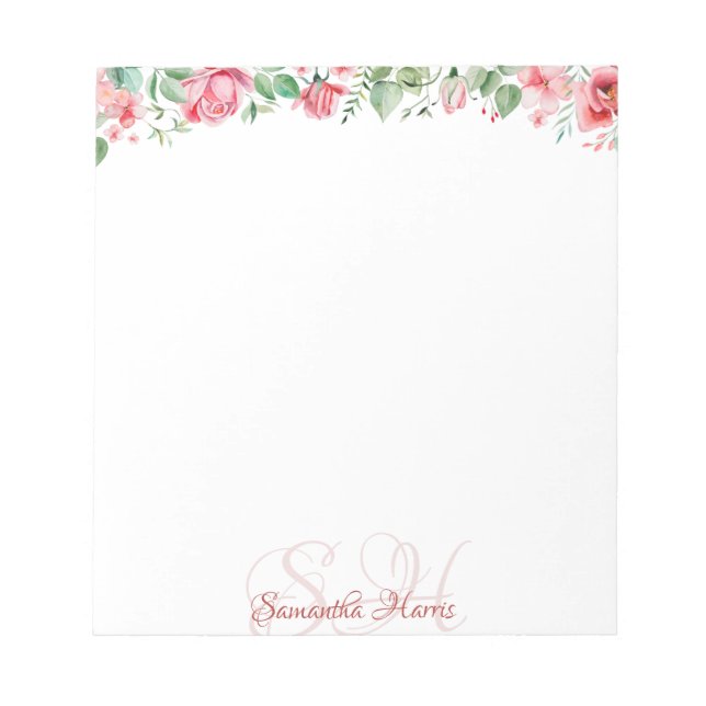 Floral Modern Monogram Flowers Custom Name Notepad (Front)