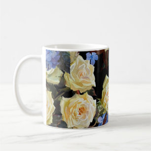 Floral modern pattern, white roses, blue hydrangea coffee mug