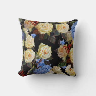 Floral modern pattern, white roses, blue hydrangea cushion