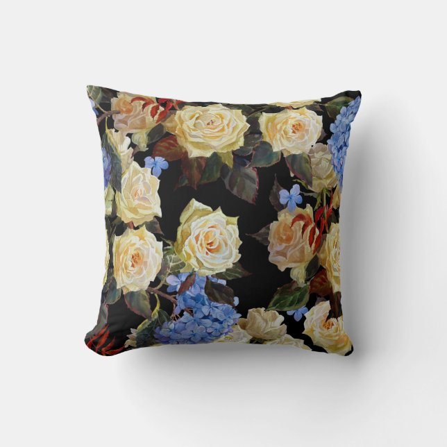 Floral modern pattern, white roses, blue hydrangea cushion (Front)