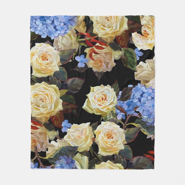 Floral modern pattern, white roses, blue hydrangea fleece blanket (Front)