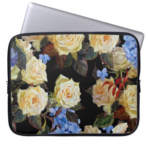 Floral modern pattern, white roses, blue hydrangea laptop sleeve