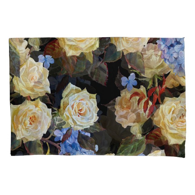 Floral modern pattern, white roses, blue hydrangea pillowcase (Front)