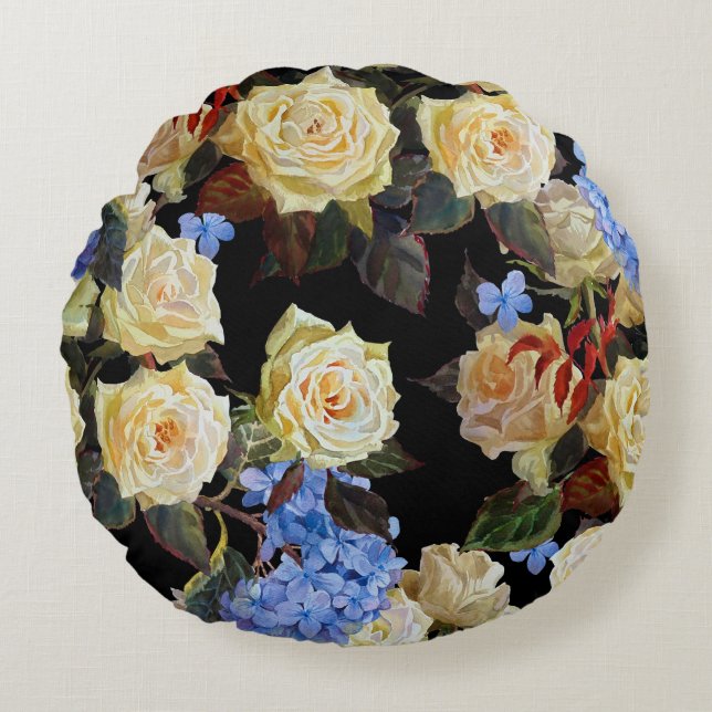 Floral modern pattern, white roses, blue hydrangea round cushion (Front)