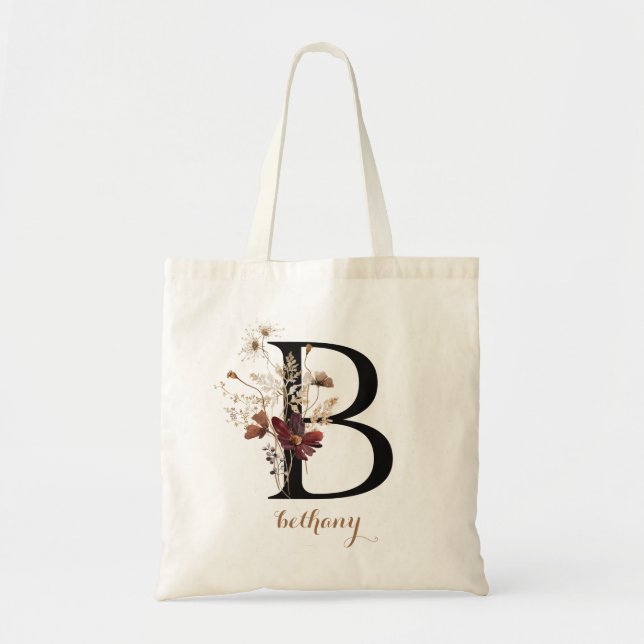 Floral Modern Personalised Monogram Letter "B" Tote Bag (Front)