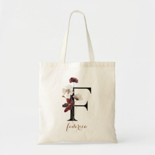 Floral Modern Personalised Monogram Letter "F" Tote Bag