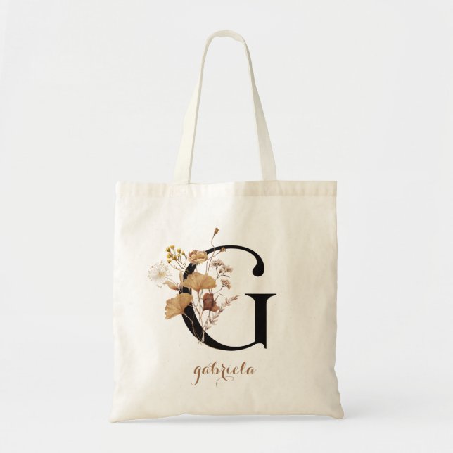 Floral Modern Personalised Monogram Letter "G" Tote Bag (Front)
