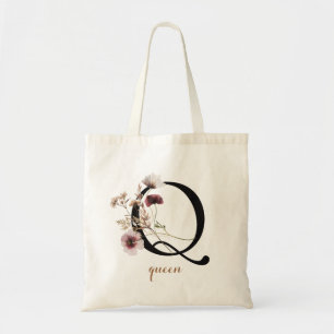 Floral Modern Personalised Monogram Letter "Q" Tote Bag