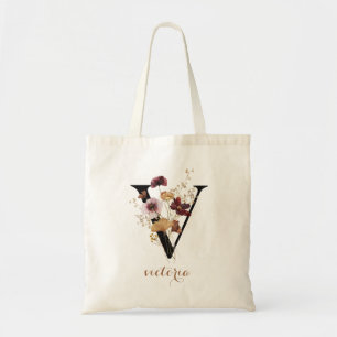 Floral Modern Personalised Monogram Letter "V" Tote Bag