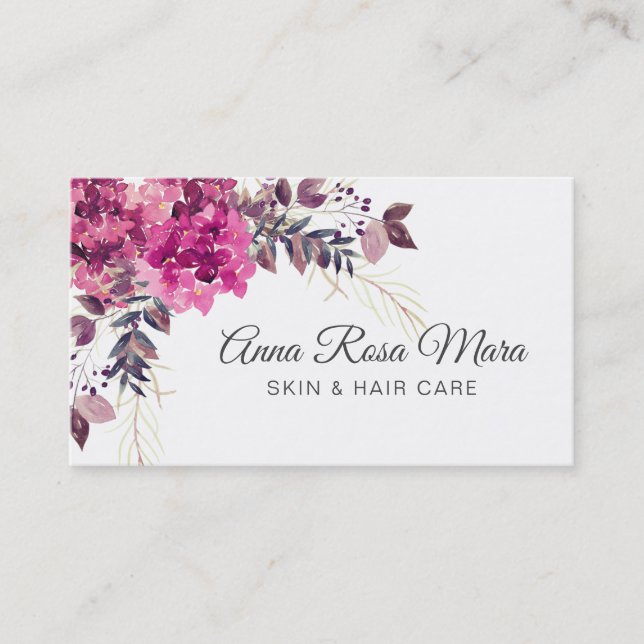 *~* Floral Modern Pink Watercolor Hygrangea Business Card (Front)