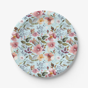 Floral Modern Summer Flower Pattern on Teal Paper Plate