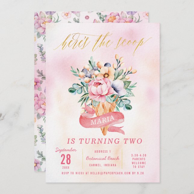 Floral Modern Watercolor Birthday Party Invitation (Front/Back)