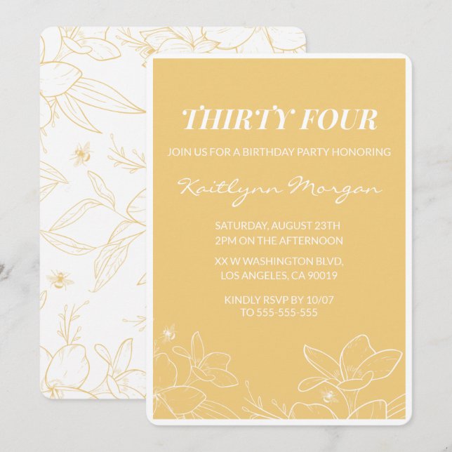 Floral Modern Yellow 34th birthday invitations  (Front/Back)