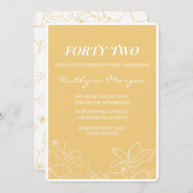 Floral Modern Yellow 42nd birthday invitations  (Front/Back)