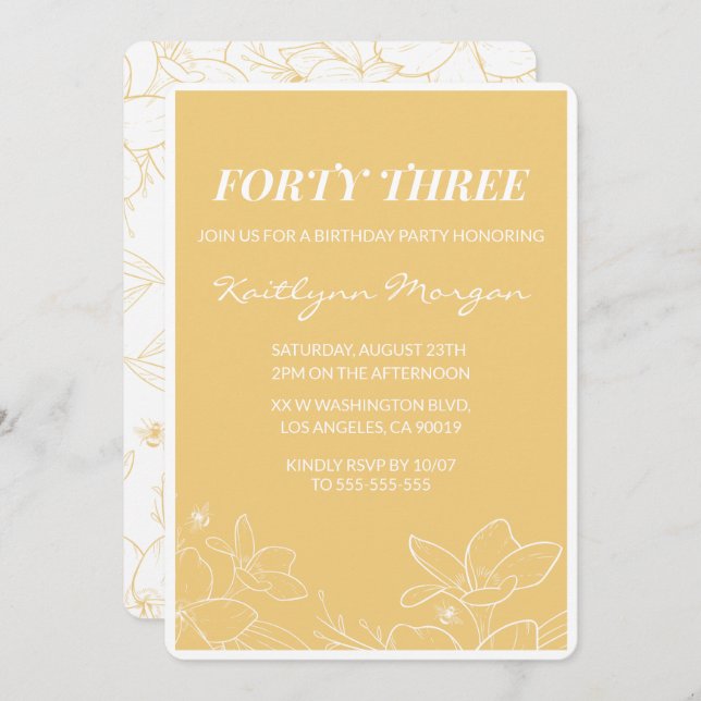 Floral Modern Yellow 43rd birthday invitations  (Front/Back)