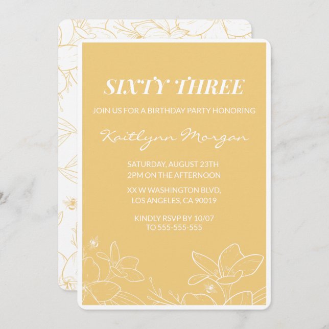 Floral Modern Yellow 63rd birthday invitations  (Front/Back)