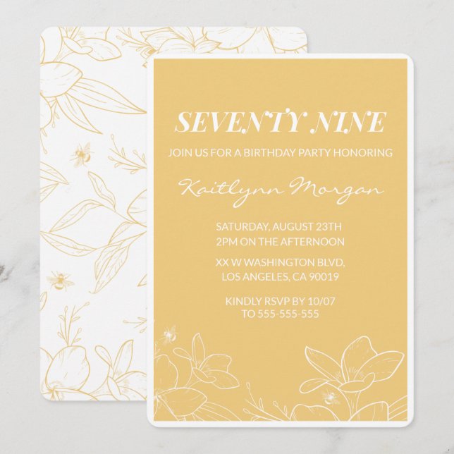 Floral Modern Yellow 79th birthday invitations  (Front/Back)